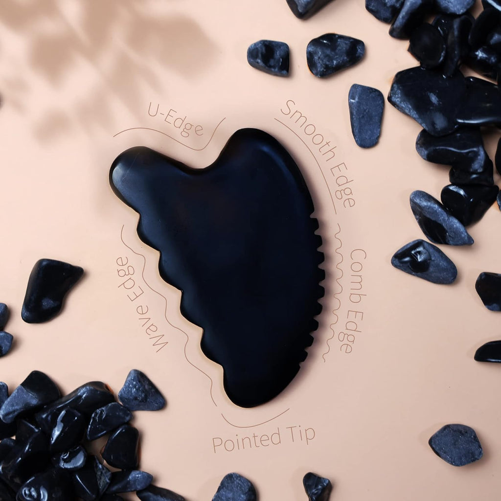 Gua Sha Facial Tools, Natural Bian Stone Gua Sha Jade Massage Tool, Body Gua Sha Stone with Comb, Large Guasha Set for Traditional Acupuncture Therapy(Wave-Edge)
