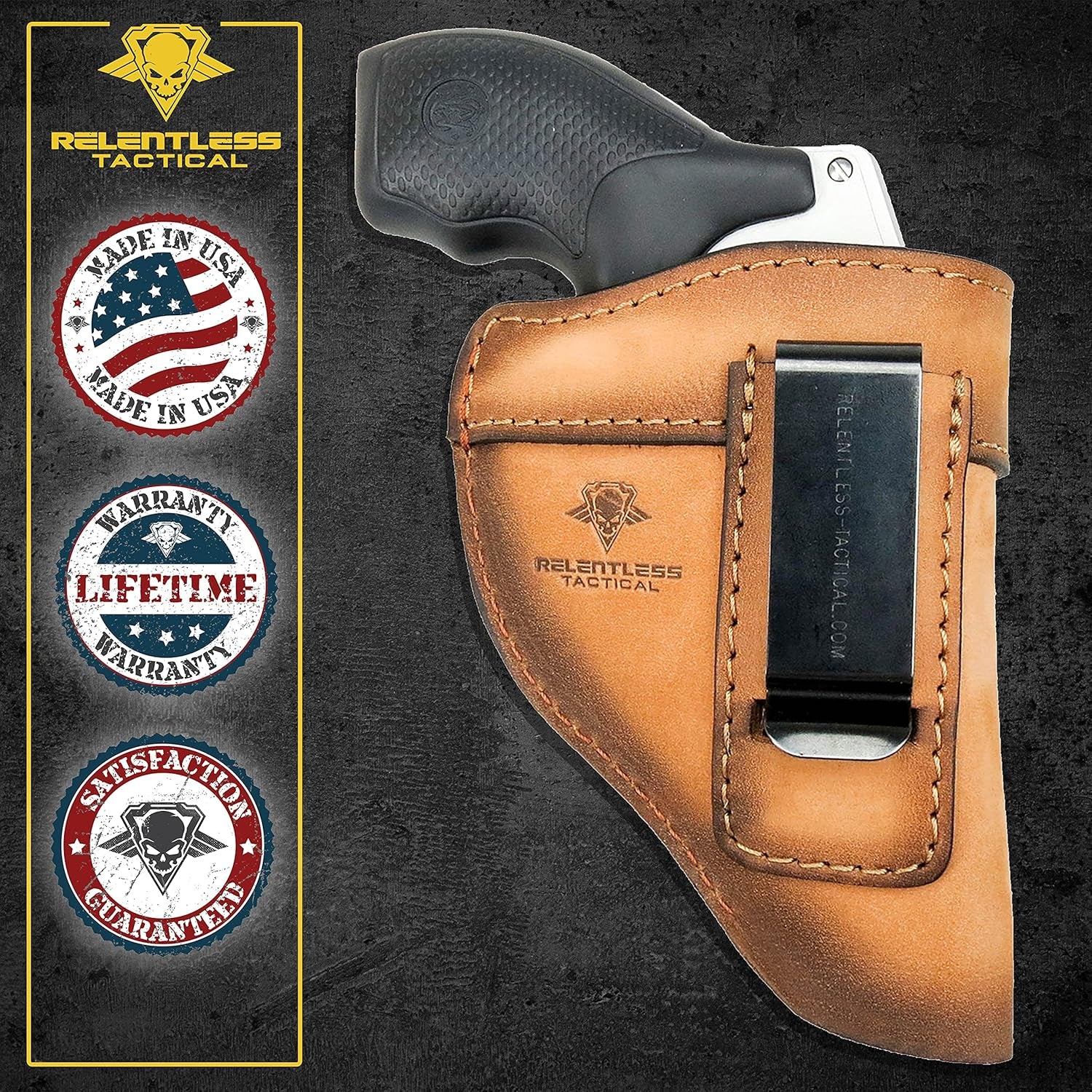 The Defender Leather IWB Holster - Fits Most J Frame Revolvers Incl. Ruger LCR, S&W 442/642, Taurus, Charter & Most .38 Special Revolvers - Made in USA