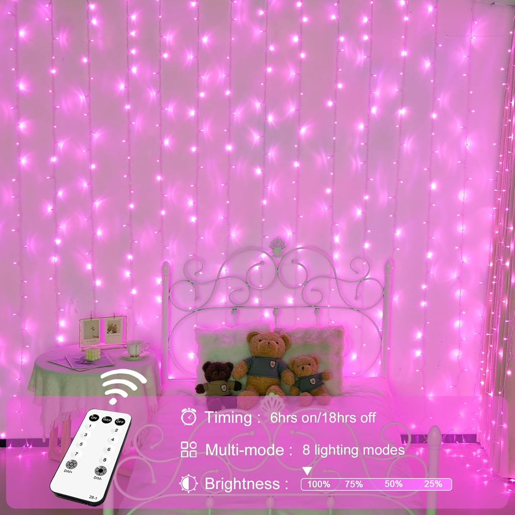 300 LED Curtain Lights Plug in with Remote, 9.8X9.8FT Pink Christmas Lights Indoor, 8 Modes Pink String Lights for Bedroom Window Wall Party Backdrop Xmas Valentine Decorations