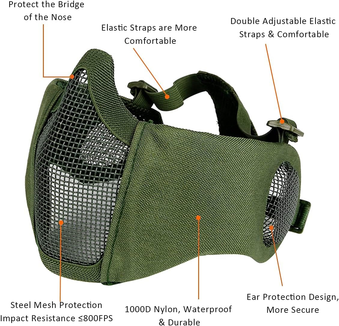 Airsoft Protective Gear Set, Half Face Mesh Mask with Ear Protection and Tactical Goggles for Adult Men Women BBS Paintball Shooting CS Survival Games Cosplay
