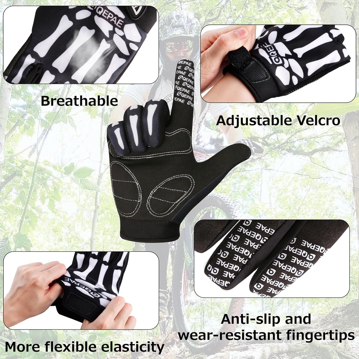 Skeleton Gloves Adjustable Lightweight Racing Skull Sports Work Bone Gloves Anti-Slip Breathable for Men & Women Motorcycle, Cycling, Biking, Workout