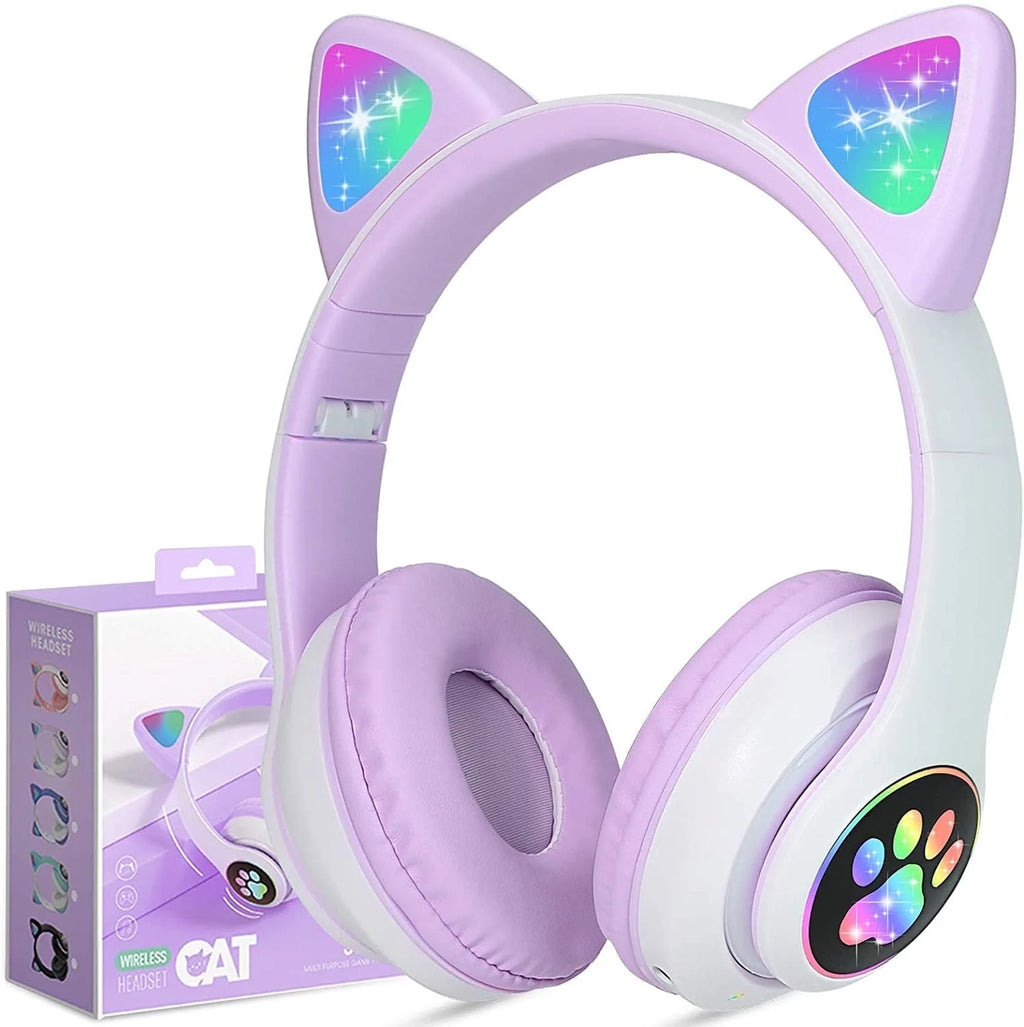 Kids Headphones, Cat Ear Wireless Headphones, LED Light up Kids Bluetooth Headphones over on Ear W/Microphone for Phone