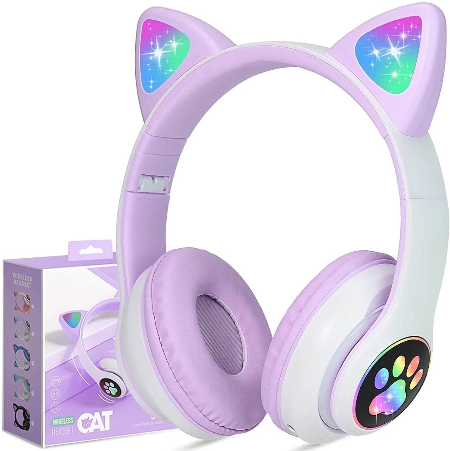 Kids Headphones, Cat Ear Wireless Headphones, LED Light up Kids Bluetooth Headphones over on Ear W/Microphone for Phone