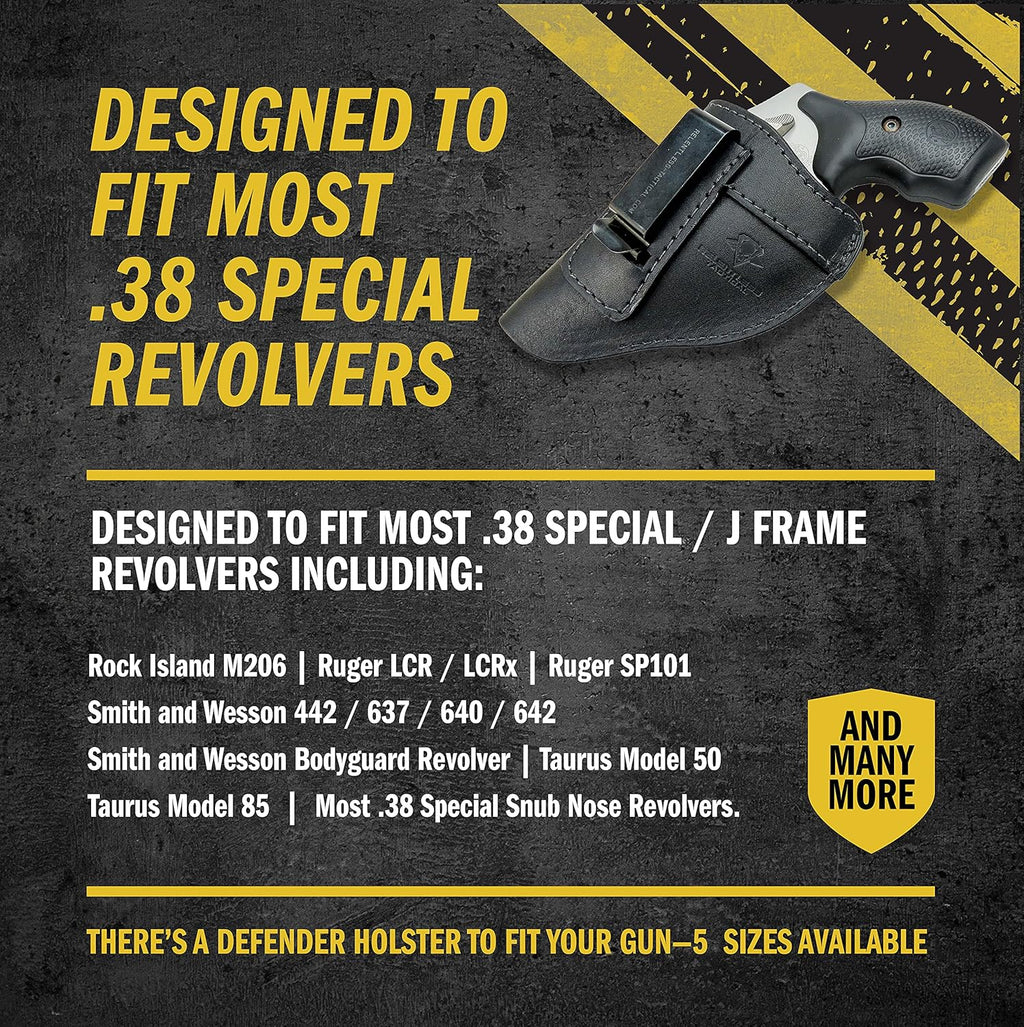 The Defender Leather IWB Holster - Fits Most J Frame Revolvers Incl. Ruger LCR, S&W 442/642, Taurus, Charter & Most .38 Special Revolvers - Made in USA