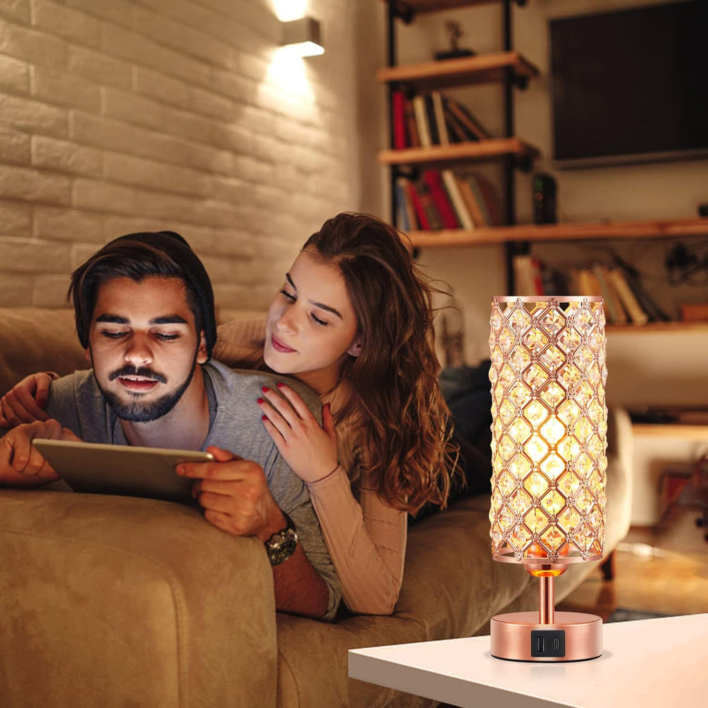 Crystal Table Lamp - 3-Way Dimmable Touch Control, Rose Gold Bedside Lamp with USB C and a Ports, Nightstand Light for Living Room, Bedroom, Home Office (Bulb Included)