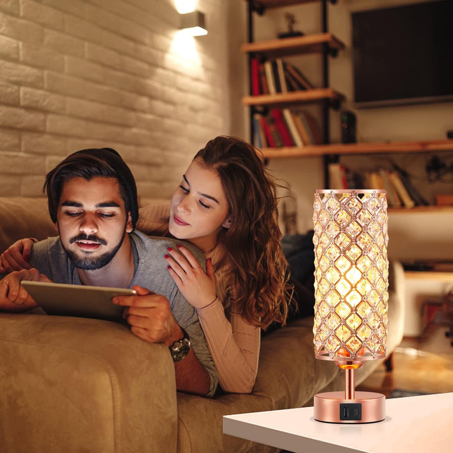 Crystal Table Lamp - 3-Way Dimmable Touch Control, Rose Gold Bedside Lamp with USB C and a Ports, Nightstand Light for Living Room, Bedroom, Home Office (Bulb Included)