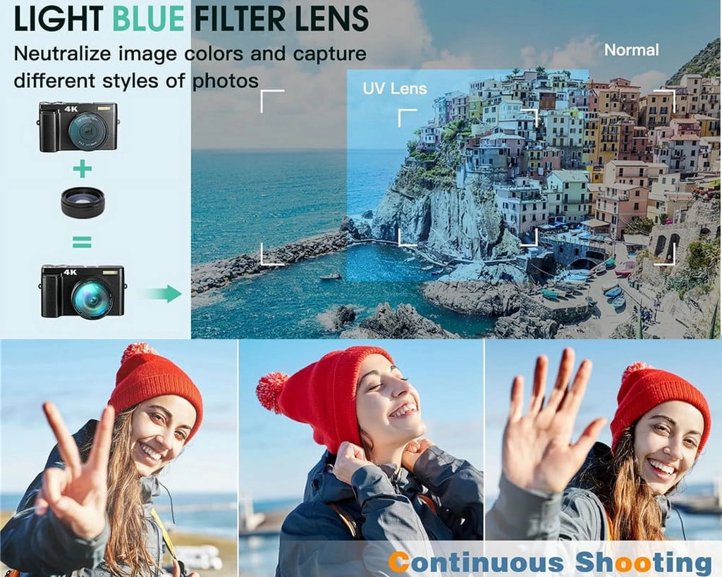 Vlogging Camera 4K Digital Cameras 48MP for Photography Autofocus 16X Digital Zoom for Youtube with 32GB Card