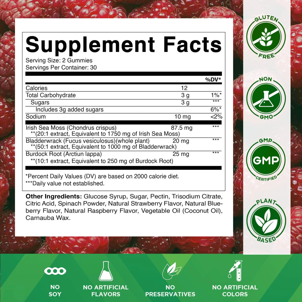 Irish Sea Moss Gummies - 3000 Mg - 60 Vegan Gummies - Made with Bladderwrack & Burdock Root - Seamoss Supplement for Thyroid, Energy, Immune Support